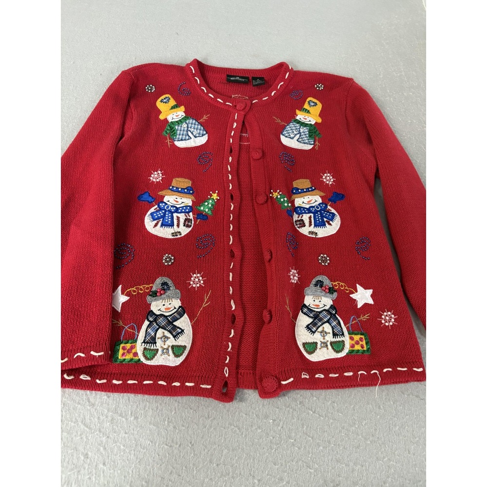 In Resource Sweater Womens Medium Red Snowman Ugly Christmas‎ Holiday Cardigan